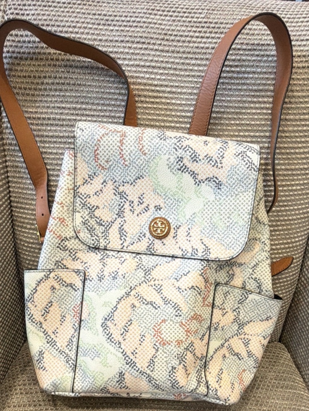 Tory Burch Snakeskin Print Multicolor Backpack Magnetic Closure, Pockets